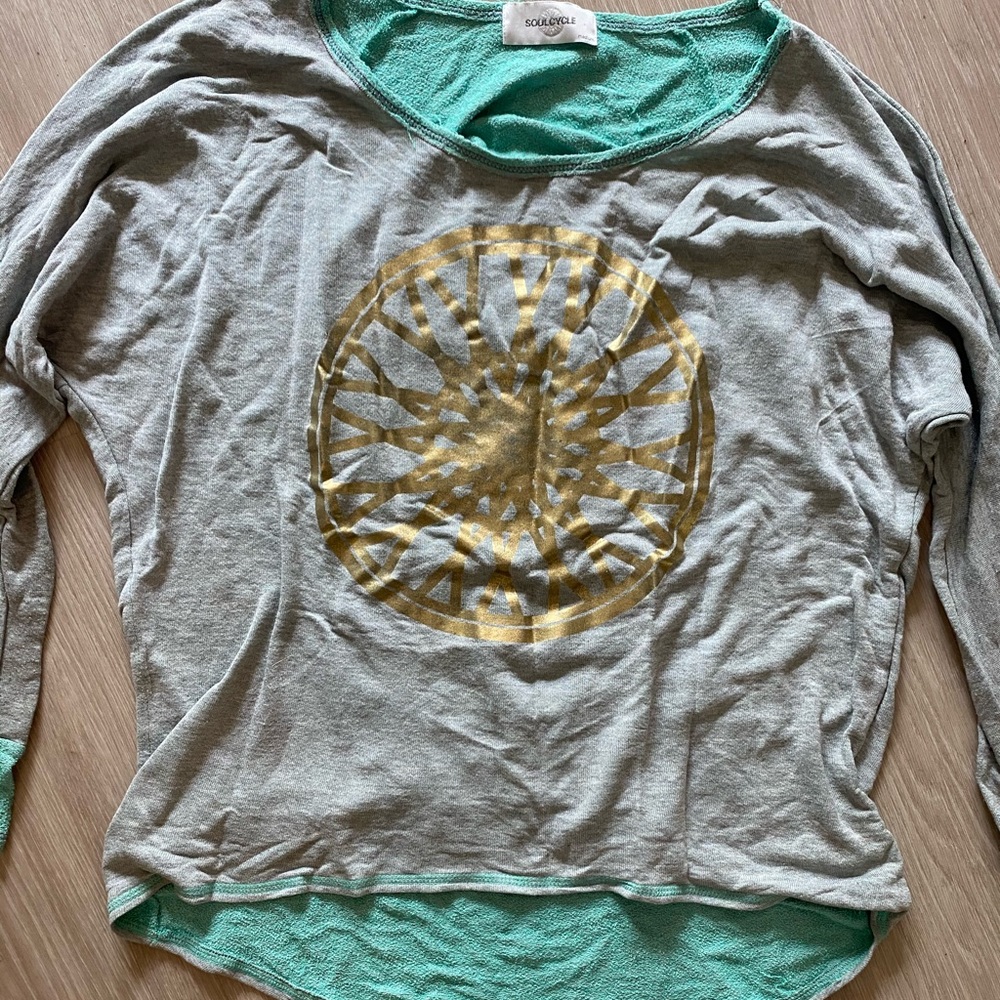 SoulCycle Teal and Gray Ripped Back Sweater